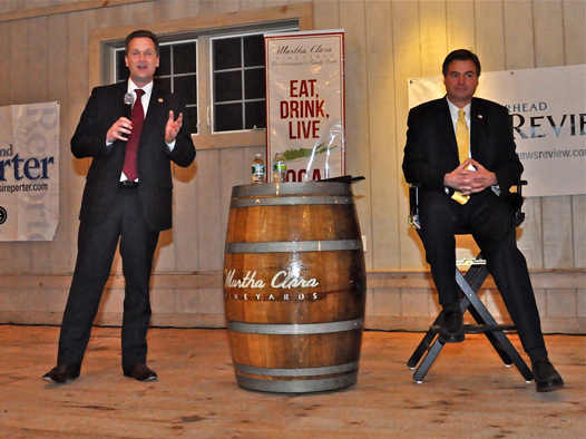 011013i_Debate_TK Republican Riverhead Town Supervisor Sean Walter (left) in debate with Democrat Al Krupski at Martha Clara Vineyards Monday night, as both men seek the Suffolk County Legislature’s 1st District seat.