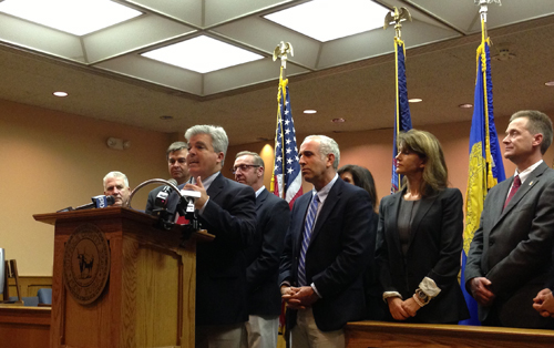 PAUL SQUIRE PHOTO | County Executive Steve Bellone announces the homeless sex offender trailers will close within the next three days.
