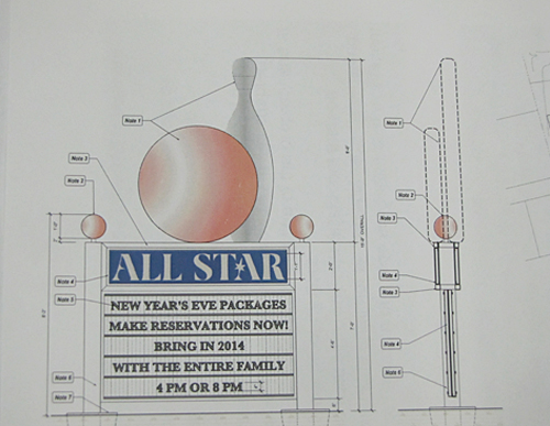The proposed sign at The All-Star, which would have featured a large bowling ball and pin on top.