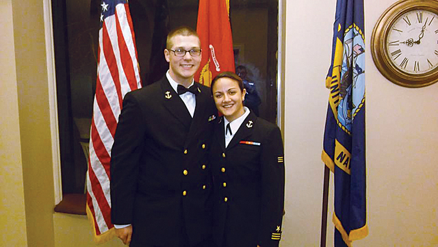 Anna Dombroski (from left), Nsombi Roberts and Amanda Gallo aboard a submarine this past summer. Midshipman Gallo describes submarine crews as passionate experts and family-oriented.