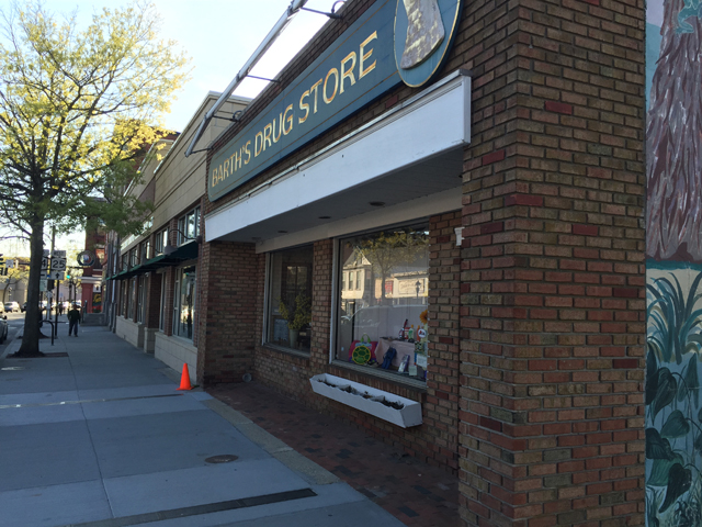 Barth's Pharmacy about two hours after it was robbed at gunpoint Friday. (Credit: Paul Squire)