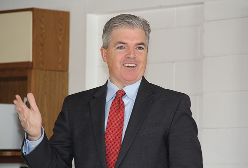 Steve Bellone speaking with area farmers last Wednesday in Calverton. (Credit: Carrie Miller)