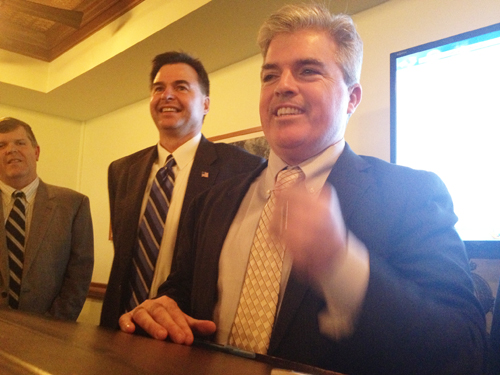 GIANNA VOLPE PHOTO | County Executive Steve Bellone (right) said with his landslide victor Al Krupski is the most popular elected official in county government. GIANNA VOLPE PHOTO | County Executive Steve Bellone (right) said with his landslide victor Al Krupski is the most popular elected official in county government.