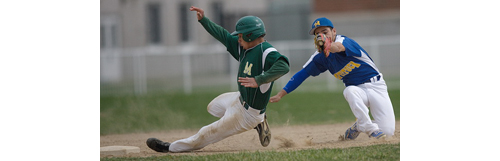 Bishop McGann-Mercy's Paul Annunziata stealing second base while Mattituck shortstop Marcos Perivolaris covers the bag during the second inning. (Credit: Garret Meade)