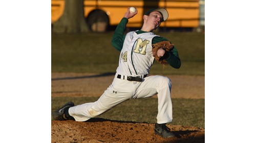 Bishop McGann-Mercy relief pitcher Mike Chalicki was brought in the game to get the last out of the top of the seventh inning. (Credit: Robert O'Rourk).