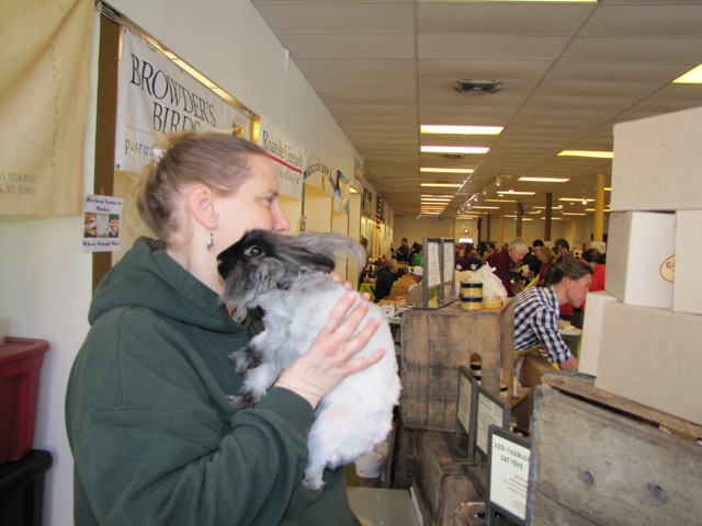 Susan Pollie of Long Island Livestock in Yaphank brought Fraggle, a real bunny, to the Riverhead Farmers Market. Fraggie is used in education classes at Long Island Livestock and his fur is used to make yard.
