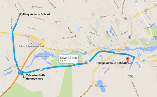 Residents are asking the Riverhead School District to allow Calverton Hills students to attend nearby Riley Avenue Elementary School. Parents say the community was required to send its children to Phillips Avenue Elementary School in Riverside after the neighborhood was redistricted in the late 1990s. (Credit: Google Map screenshot by Jennifer Gustavson)