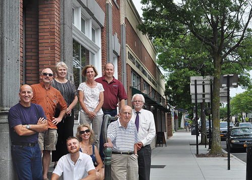 Clockwise from left: Anthony Meras, third-generation owner of Star Confectionery; Cliff Saunders III, second-generation owner of Cliff’s Rendezvous; Liz Strebel, second-generation owner of Riverhead Diner & Grill; Mary Ann Alexander, third-generation owner of Reginald H. Tuthill Funeral Home; Todd Griffing, third-generation owner of Griffing Hardware; Barry Barth, third-generation owner of Barth’s Drug Store; former Star Confectionery owner Tony Meras; Christina Saunders and Erik Saunders, wife and son of Cliff Saunders III. (Credit: Joseph Pinciaro)