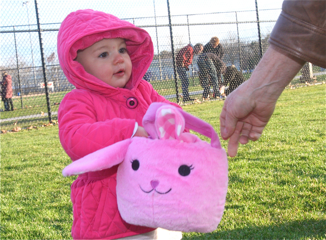Tori Carrick of Riverhead, 15 months, collects eggs in her bunny basket. (Credit: Barbaraellen Koch)