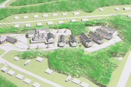 An artist rendering of the First Baptist Church (far left) and the community center.