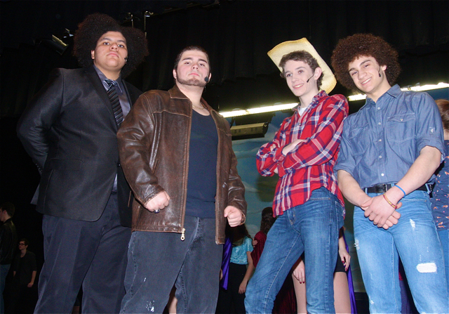 Cast members of "Footloose" include: Jesse Goodale as Reverend Shaw Moore (from left), Bryan Aguilar as Chuck Cranston, Alex Bowe as Willard Hewitt and Samuel Mancini as Ren McCormick. (Credit: Barbaraellen Koch)
