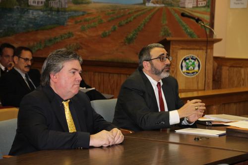 PAUL SQUIRE FILE PHOTO | Attorney Vincent Messina (right) speaks to the Riverhead ZBA with researcher Stephen Dewey on behalf of a proposed addiction facility in Calverton.
