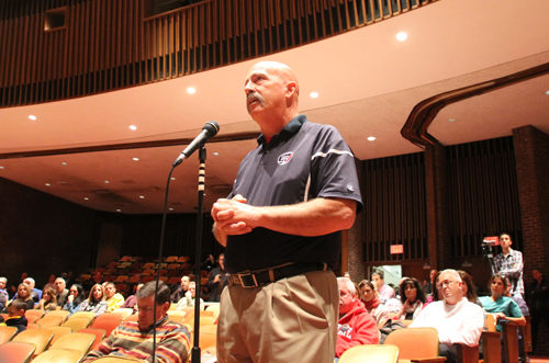 PAUL SQUIRE PHOTO | Longtime SWR lacrosse coach Tom Rotanz speaks before the school board Tuesday night.