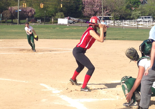 McGann-Mercy freshman Isabella Sorgi fires a pitch against Pierson Monday. (Credit: Joe Werkmeister)