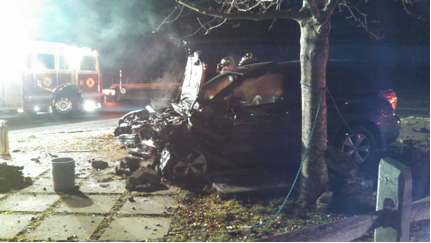 COURTESY PHOTO Jamesport firefighters found this damaged car upon arriving at a crash scene in Jamesport Monday night.