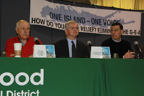 From left, state Senator Ken LaValle, Assemblyman Fred Thiele and Assemblyman Anthony Palumbo at Saturday's Longwood Legislative Breakfast in Middle Island. (Jennifer Gustavson photo)