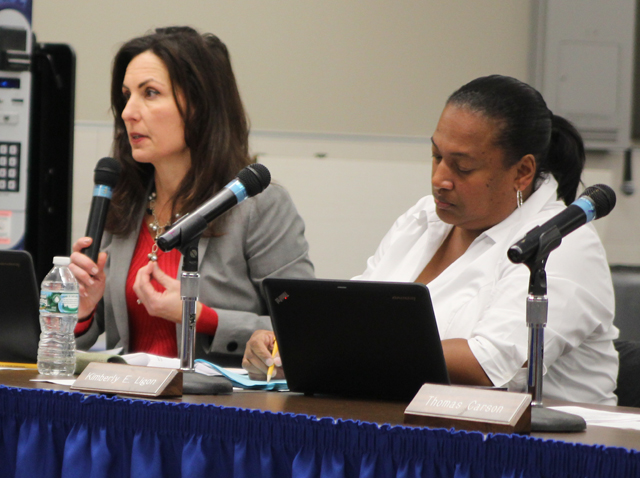 School board member Lori Hulse speaks at Tuesday night's meeting. (Credit: Jen Nuzzo)