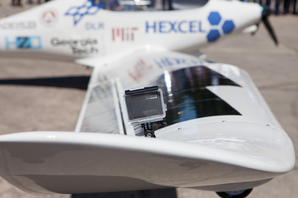 The solar electric powered VO-SubStrata UAV decked out with a GoPro. (Credit: Katharine Schroeder)