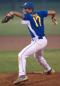 GARRET MEADE PHOTO | Five pitches into the game, Marcos Perivolaris was moved from shortstop to pitcher. He allowed three hits over four and a third innings.