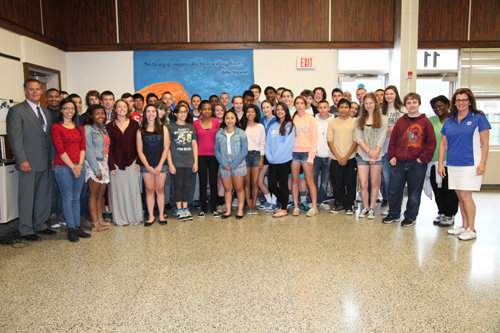 Riverhead High School's students with perfect attendance. Principal Charles Regan (left) and assistant principal Eileen Manitta (right). (Credit: Sandra Kolbo)