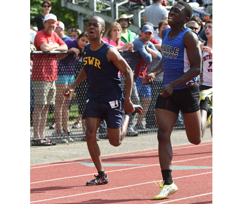 Shoreham-Wading River's Jordan Wright races in the 200-meter dash. (Credit: Robert O'Rourk)