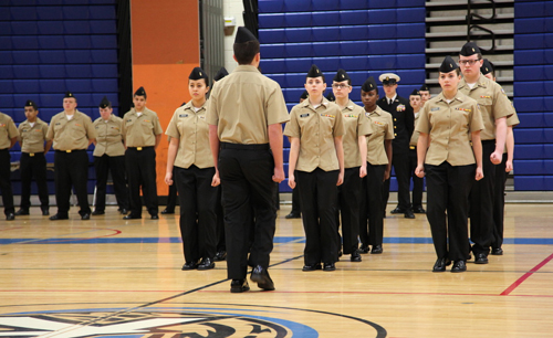 SANDRA KOLBO COURTESY PHOTO | The Riverhead RJROTC's First Year Drill Team at the NJROTC unit's annual inspection and Pass-In-Review Feb. 1.