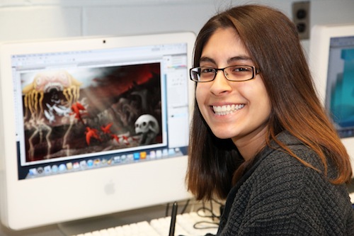 COURTESY PHOTO |Maria Valdivia with her graphics art project "Human Corruption" will receive a Senior Art Award at the Parrish Art Museum's School Art Festival on Saturday.