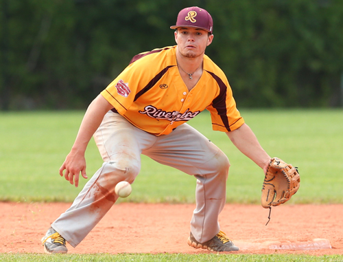 Riverhead's Tyler Osik waits for the throw at second base as he tries to turn a double play against Westhampton (Credit: Daniel De Mato)