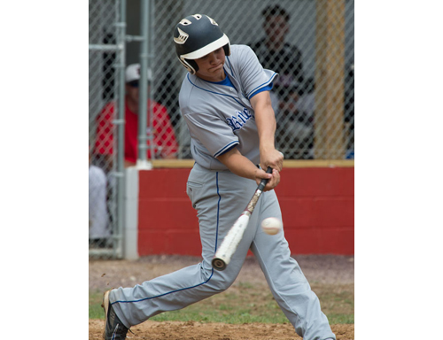 Riverhead's Cody Dilworth putting a ball in play during his team's playoff loss to Half Hollow Hills East on Saturday. (Credit: Robert O'Rourk)