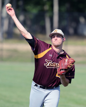 Riverhead pitcher Jake Reinhardt, coming off knee surgery, ranked second in the Hamptons Collegiate Baseball League with a 0.44 earned run average. (Credit: Daniel De Mato)