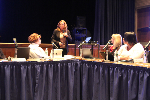 Riverhead School District Superintendent Nancy Carney, standing, gave a budget presentation Tuesday night. (Photo by Jennifer Gustavson)