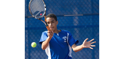 Riverhead freshman Jens Summerlin in action against Southold/Greenport senior Dylan Stromski on Tuesday. (Credit: Garret Meade)