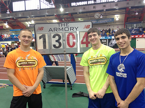 COURTESY PHOTO | Riverhead pole vaulters (from left) Dan Normoyle, Jonah Spaeth and Charles Villa all cleared personal bests Saturday at the Armory in New York.