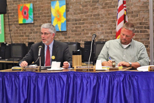 JENNIFER GUSTAVSON FILE PHOTO | Shoreham-Wading River school superintendent Steven Cohen (left) and board vice president Richard Pluschau. The school board meets
