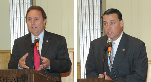 Tom Schiliro (left) and Anthony Palumbo, who are running for the first district state assembly seat, debated Monday night in Riverhead. (Credit: Tim Gannon)