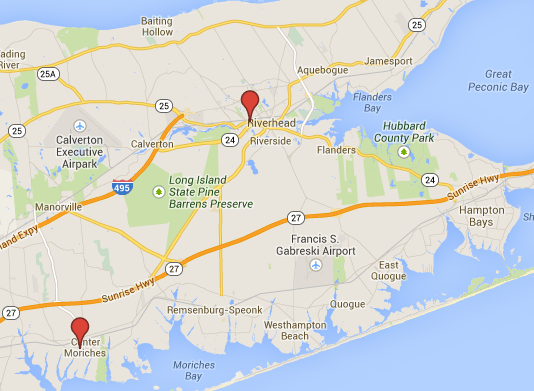 Police say Steven Dohner is being held on burglary charges in connection with three alleged thefts, two in Center Moriches in June and one from Riverhead in 2013. (Credit: Google Maps)