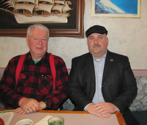 Grand Marshal Allen Smith and EEES trustee John Cuddy at the Peconic Bay Diner in Riverhead Saturday. (Credit: Tim Gannon)