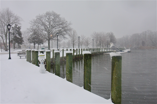 Peconic River downtown Riverhead after a snowstorm last February. (Credit: Barbaraellen Koch, file)