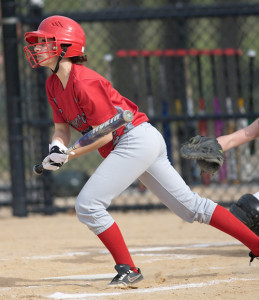 GARRET MEADE PHOTO | Irene Raptopoulos of Southolod/Greenport watching the single she slapped to start the game.
