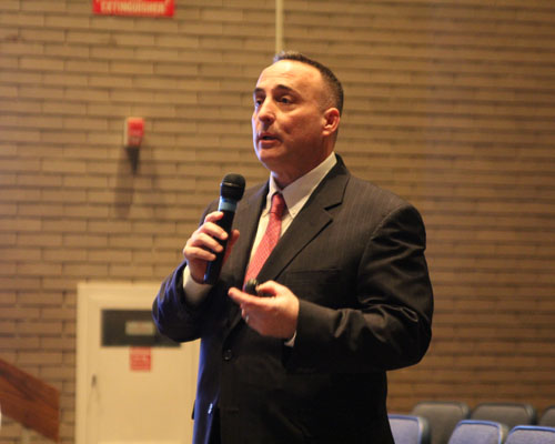 Pulaski Street School assistant principal Stephen Hudson giving a presentation in January about how Common Core math is being implemented in fifth and sixth grades. (Credit: Jennifer Gustavson, file)