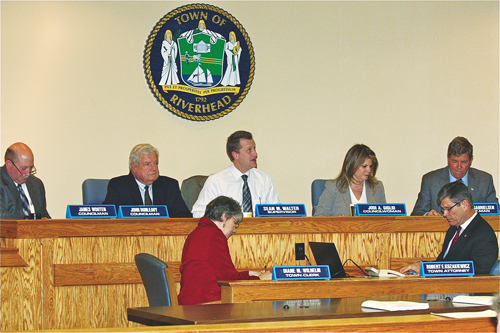 Riverhead Town Board members at an April meeting. (Credit: Barbaraellen Koch)