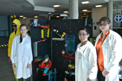 COURTESY PHOTO | Five teams for RHS competed in the Long Island Regional Rubegoldberg competition and "Big Bang Theory" Placed third. (Left to Right) Aakash Gandhi, Brianne Corwin, Joann Yeung and Karla Vanston
