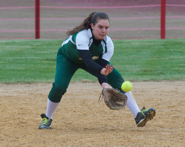 McGann-Mercy senior shortstop Micaela Zebroski fields a ground ball in Thursday's playoff game at Center Moriches. (Credit: Robert O'Rourk)