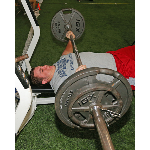 Shoreham-Wading River junior Ethan Wiederkehr bench pressed 25 reps on 185 pounds Sunday at the combine. (Credit: Daniel De Mato)