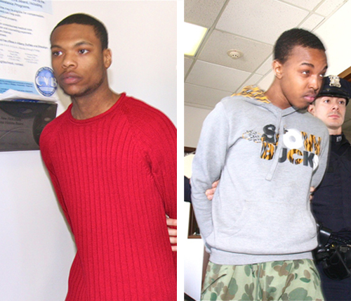 BARBARAELLEN KOCH PHOTOS | Eric Baldwin Jr (left) and Jordan Harrell are led to their arraignment in Riverhead Town Justice court in February. Both men have pleaded guilty to the charges against them.