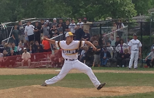 Shoreham-Wading River senior John Montesano pitched five innings Thursday against Bayport-Blue Point. (Credit: Joe Werkmeister)
