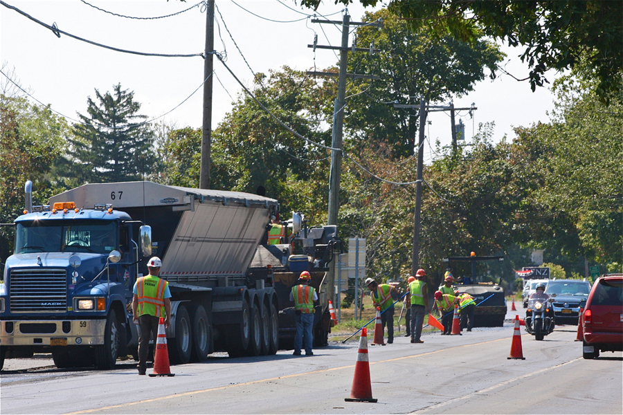 Paving work along Main Road in Cutchogue Friday. (Credit: Barbaraellen Koch)