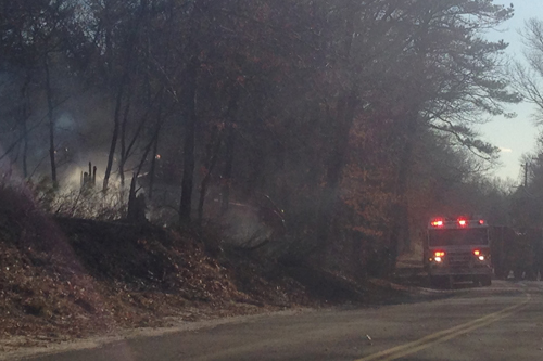 Firefighters battle a brush fire near Grumman Boulevard Wednesday afternoon (Credit: Joseph Pinciaro)