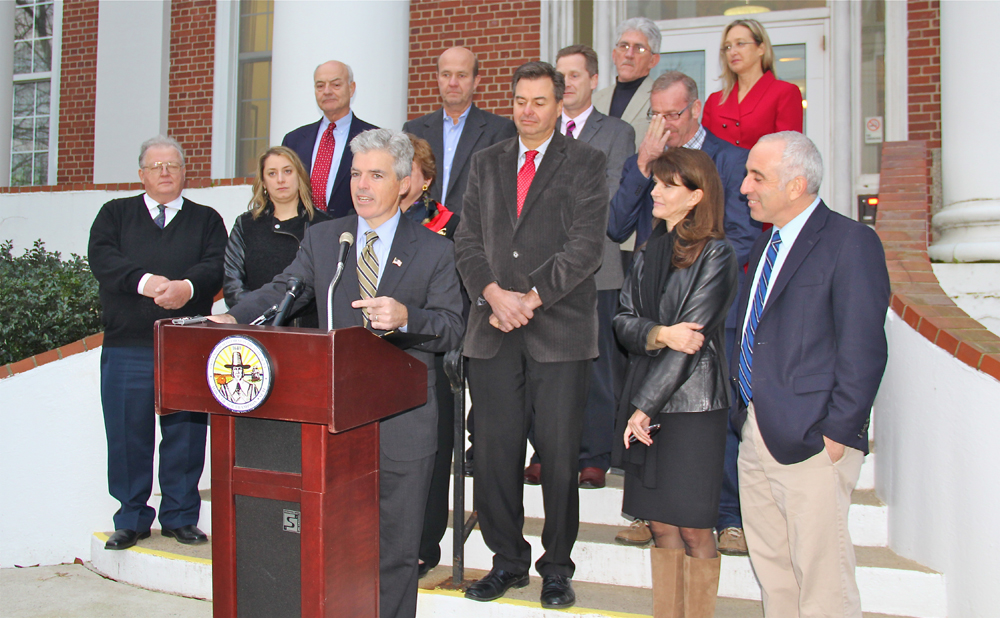 Suffolk County Executive Steven Bellone speaks during the press conference at Southampton Town Hall Wednesday afternoon. (Credit: Carrie Miller)