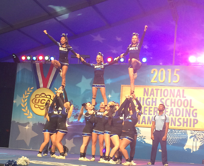 Riverhead cheerleaders perform in the semifinals Saturday. (Credit: courtesy photo)